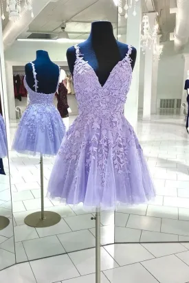 Purple V Neck Tulle Lace Short Homecoming Dress Lace Cocktail Dress