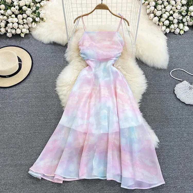 Radiate Elegance: Rainbow Print Chiffon Lace-Up Dress