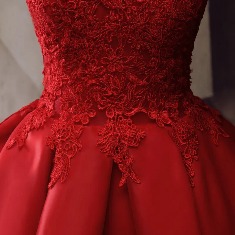 Red Round Neckline Layers Short Prom Dress Red Lace Homecoming Dress