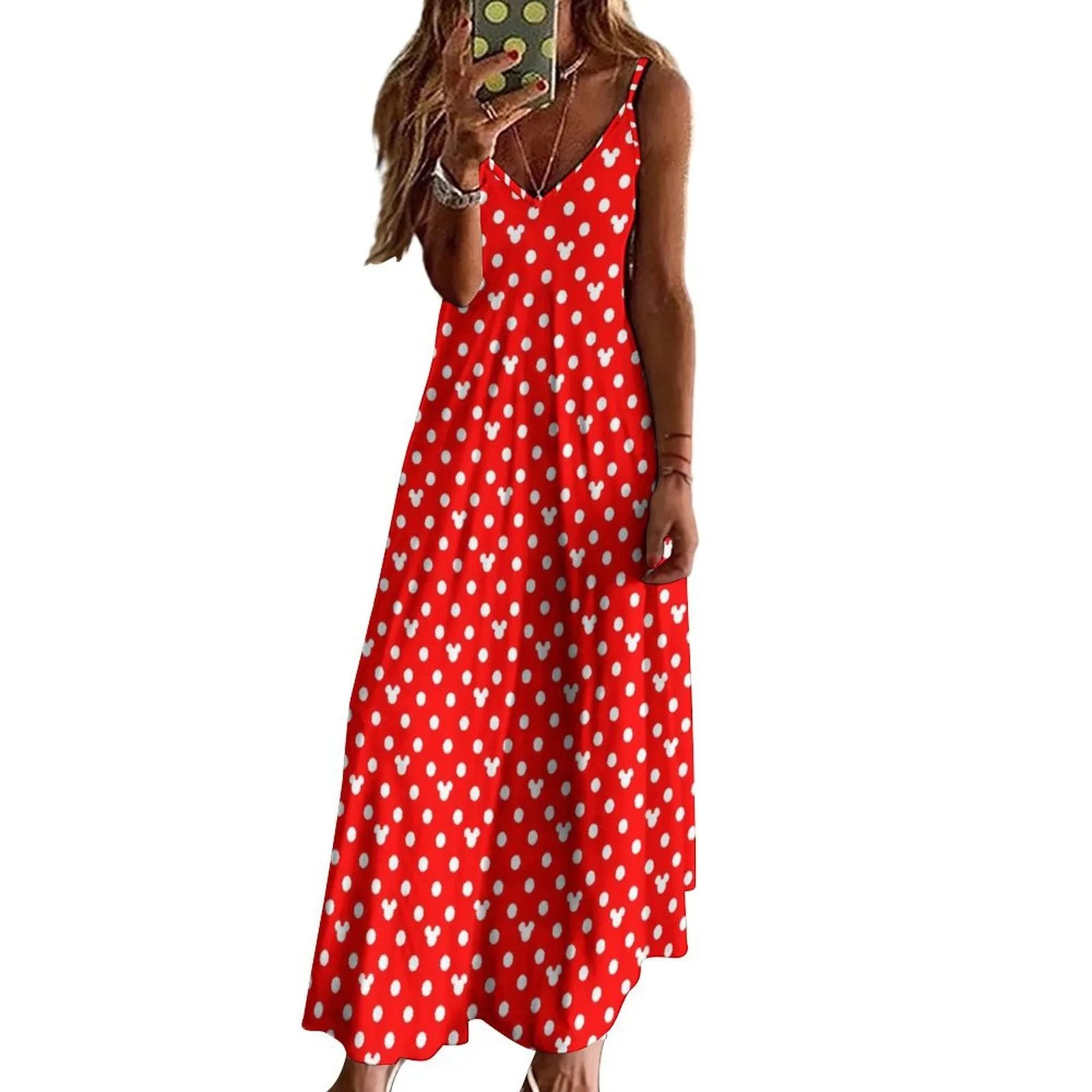 Red With White Mickey Polka Dots Women's Summer Slip Long Dress