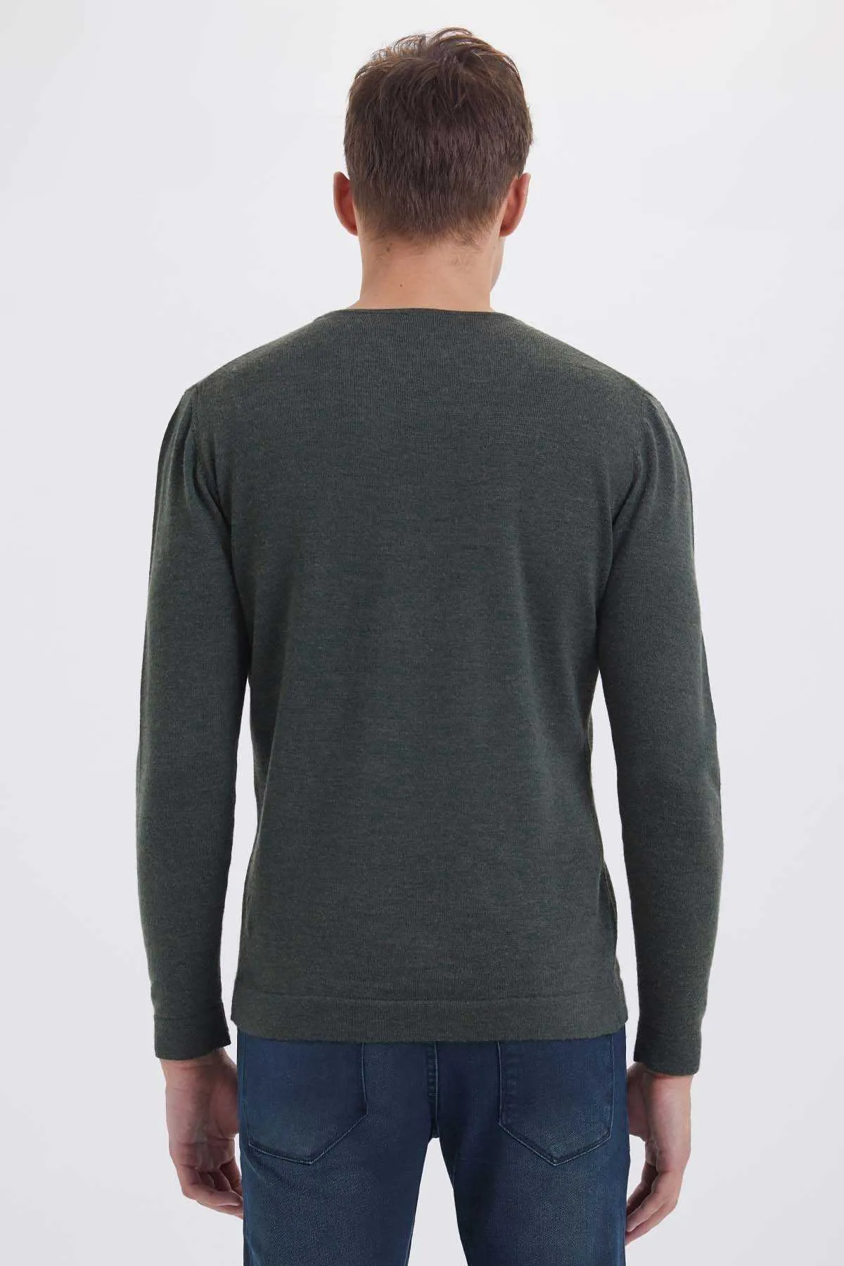 Regular Fit Plain Wool Blend Navy Crewneck Sweater, Khaki