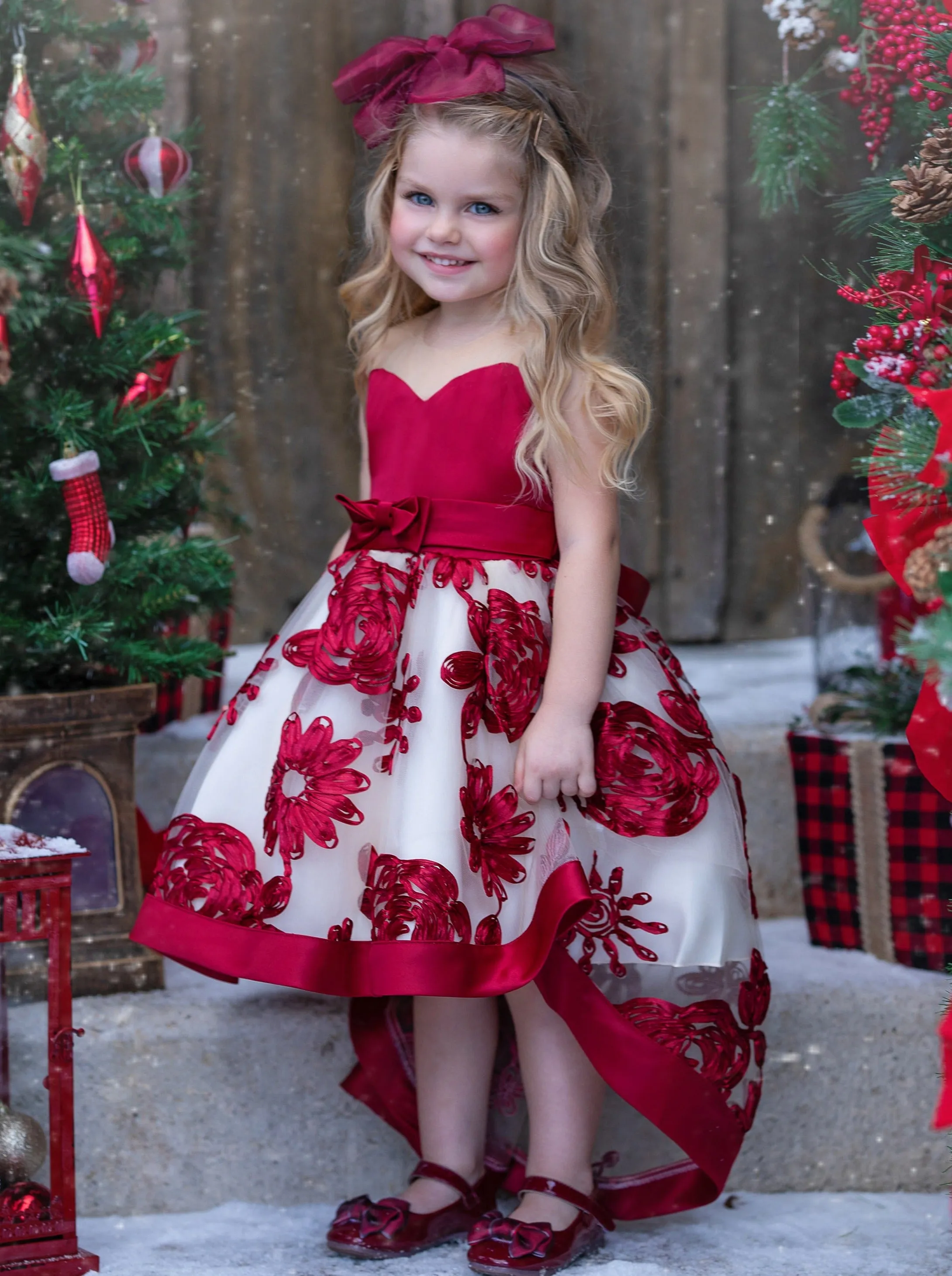 Sheer Collar Red Embroidered Hi-Lo Dress