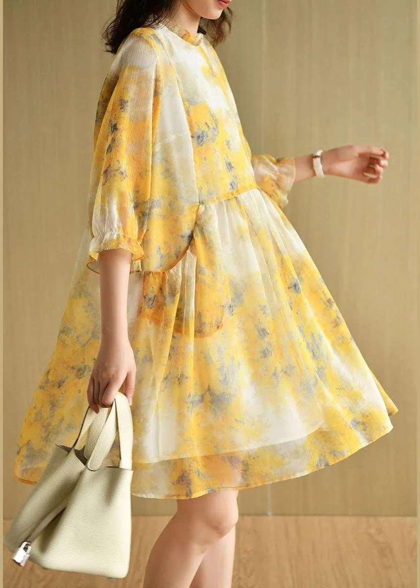 Simple Yellow Ruffled Print Pockets Summer Chiffon Vacation Dress Half Sleeve