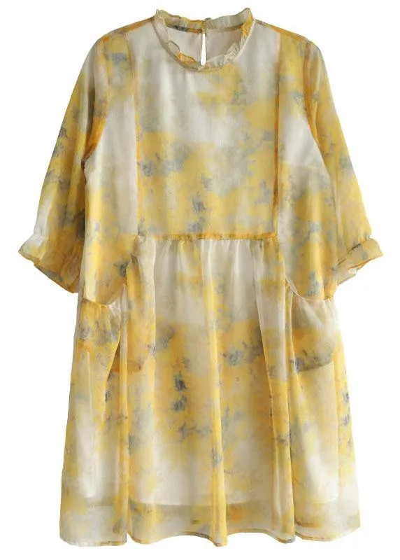 Simple Yellow Ruffled Print Pockets Summer Chiffon Vacation Dress Half Sleeve