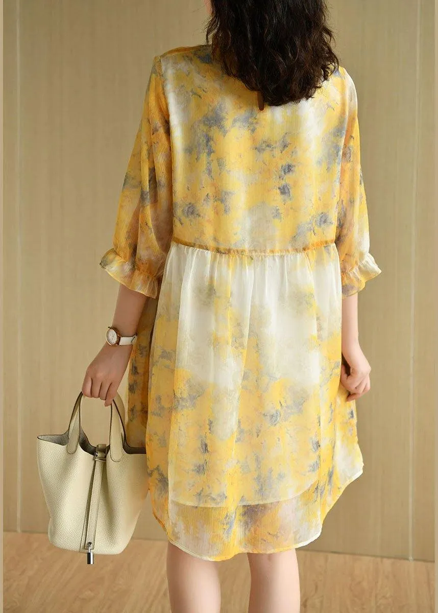 Simple Yellow Ruffled Print Pockets Summer Chiffon Vacation Dress Half Sleeve