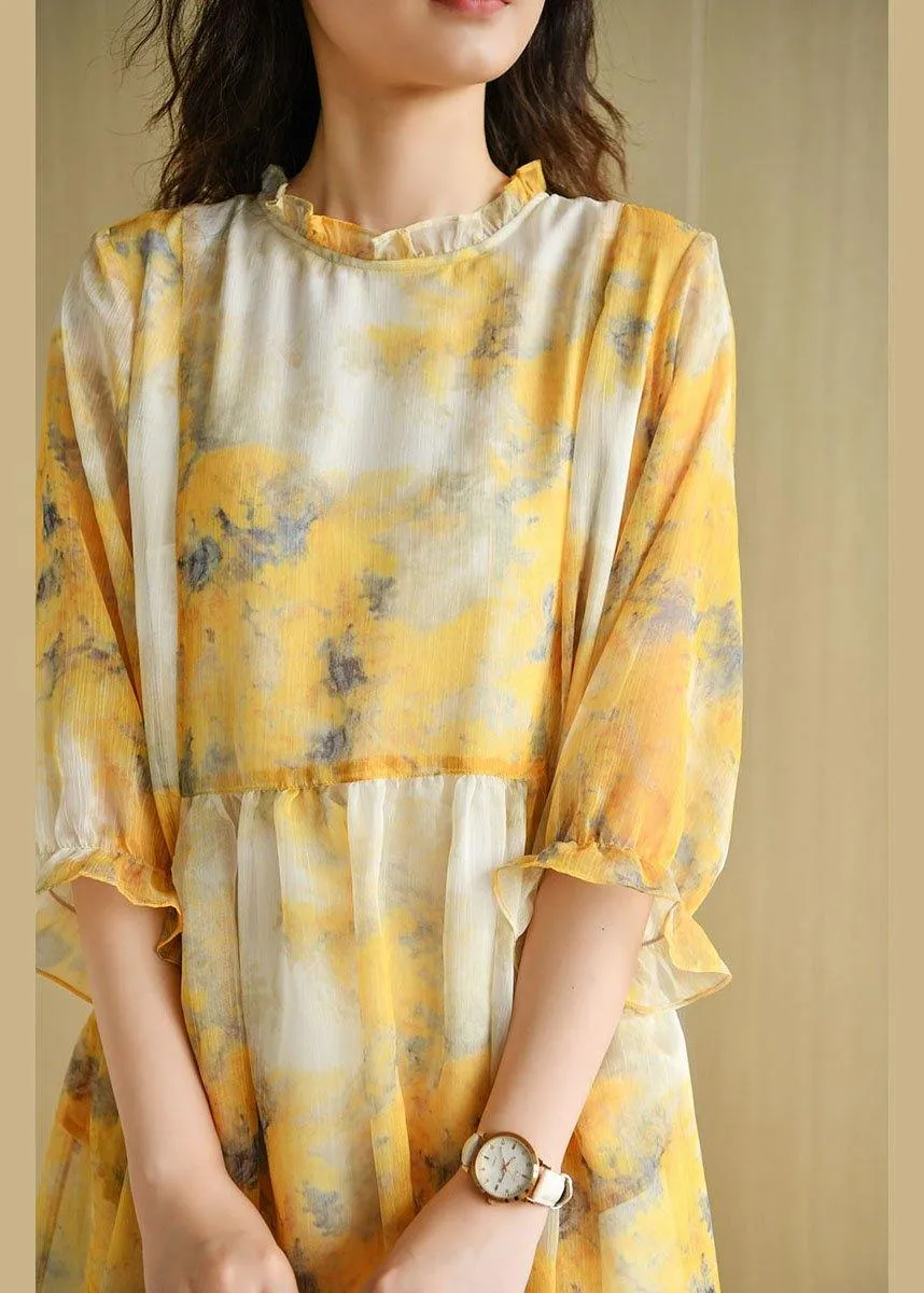 Simple Yellow Ruffled Print Pockets Summer Chiffon Vacation Dress Half Sleeve