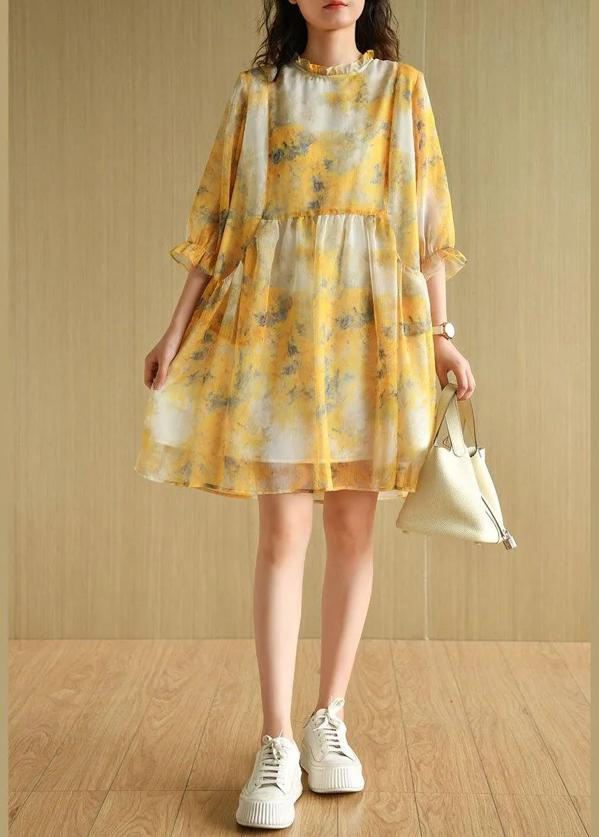 Simple Yellow Ruffled Print Pockets Summer Chiffon Vacation Dress Half Sleeve