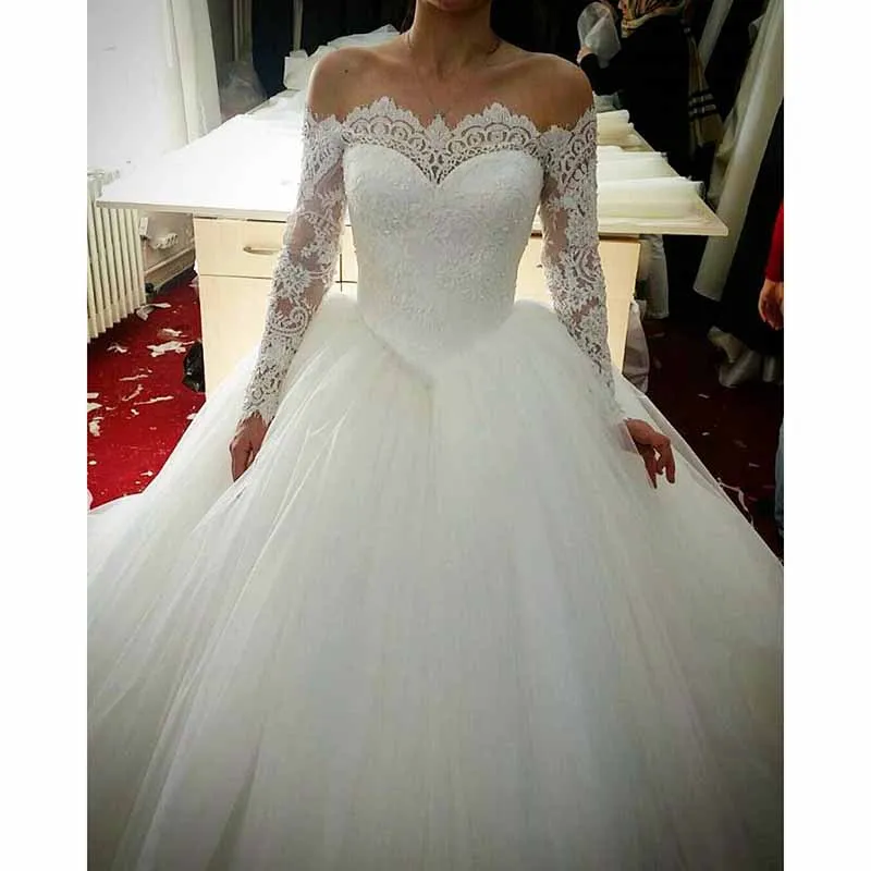 Tulle Wedding Dress Ball Gown Off-The-Shoulder Sweep Train With Lace Beaded