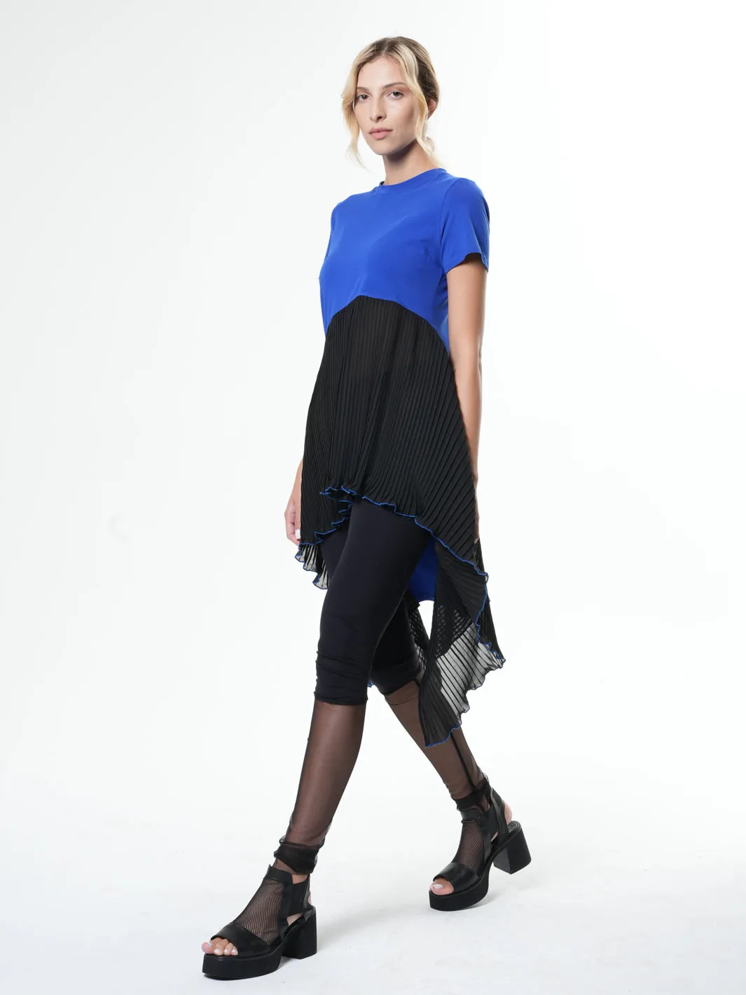 Tunic With Pleated Chiffon Layer In Blue