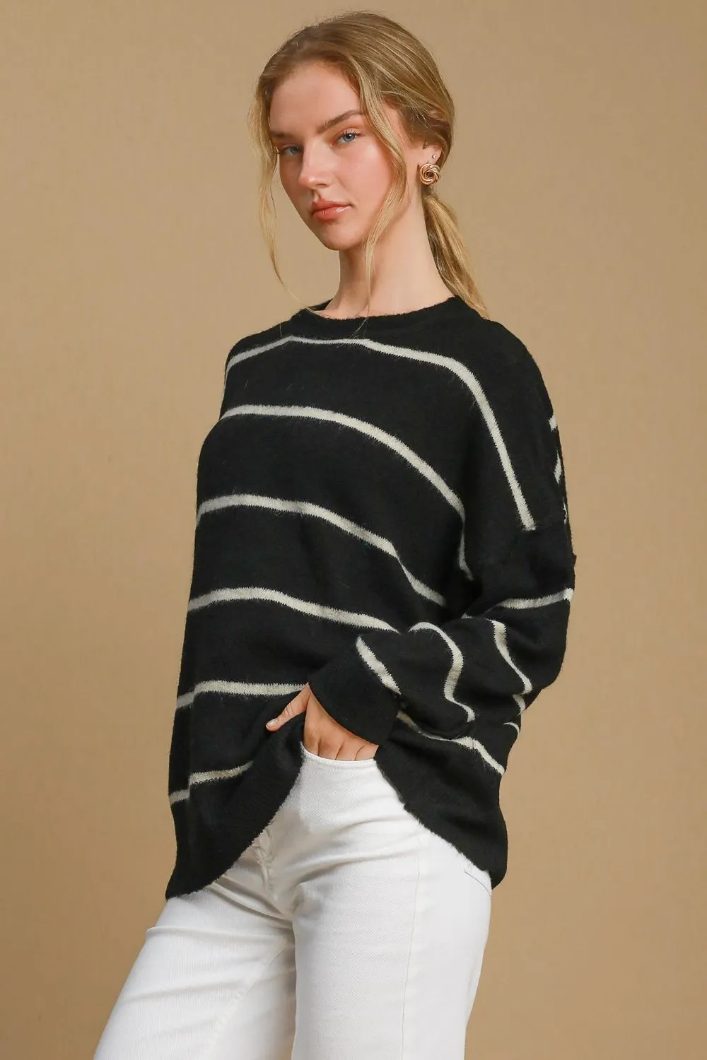 Umgee USA Wool Blend Sweater Striped Women Round Neck Long Sleeve