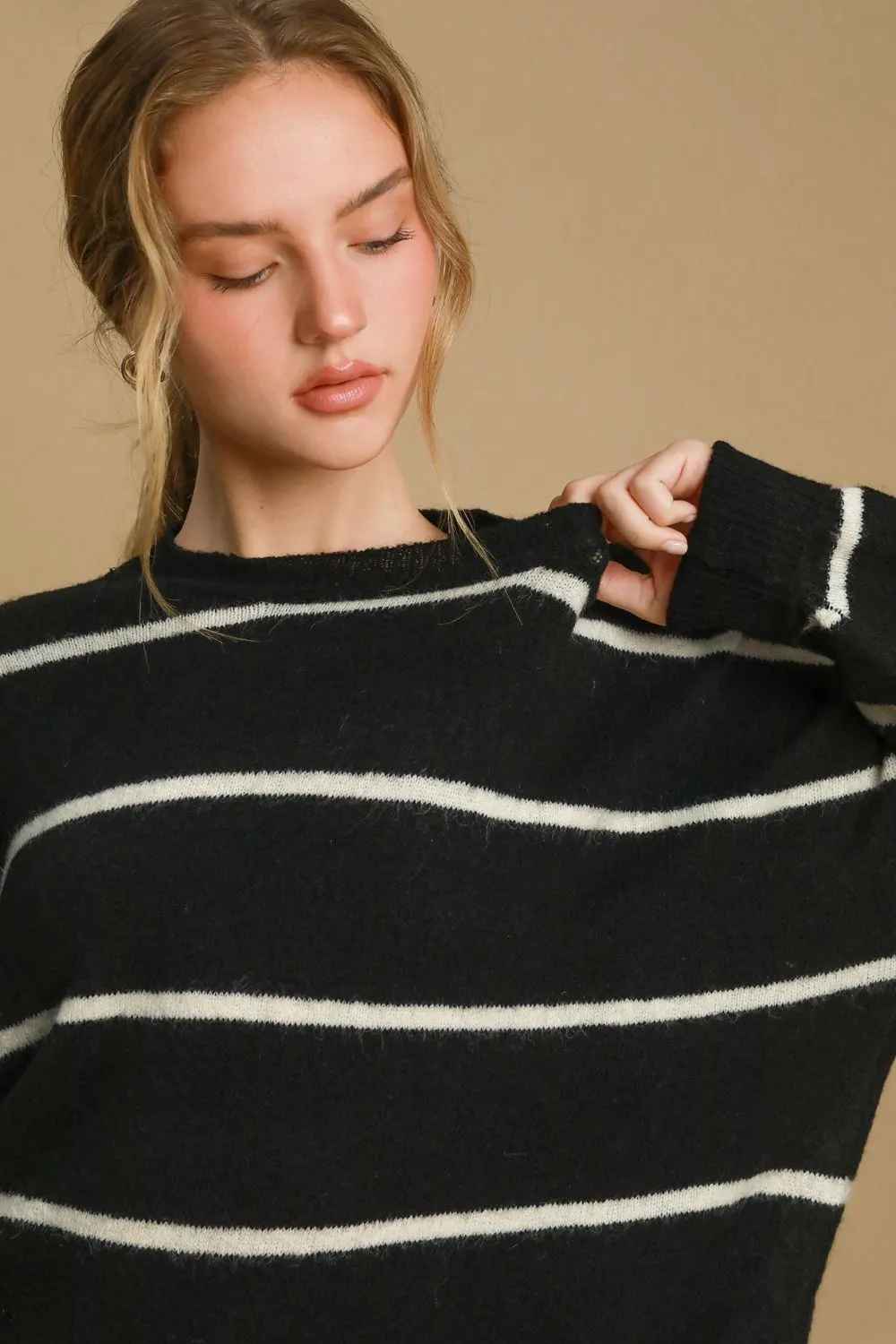 Umgee USA Wool Blend Sweater Striped Women Round Neck Long Sleeve