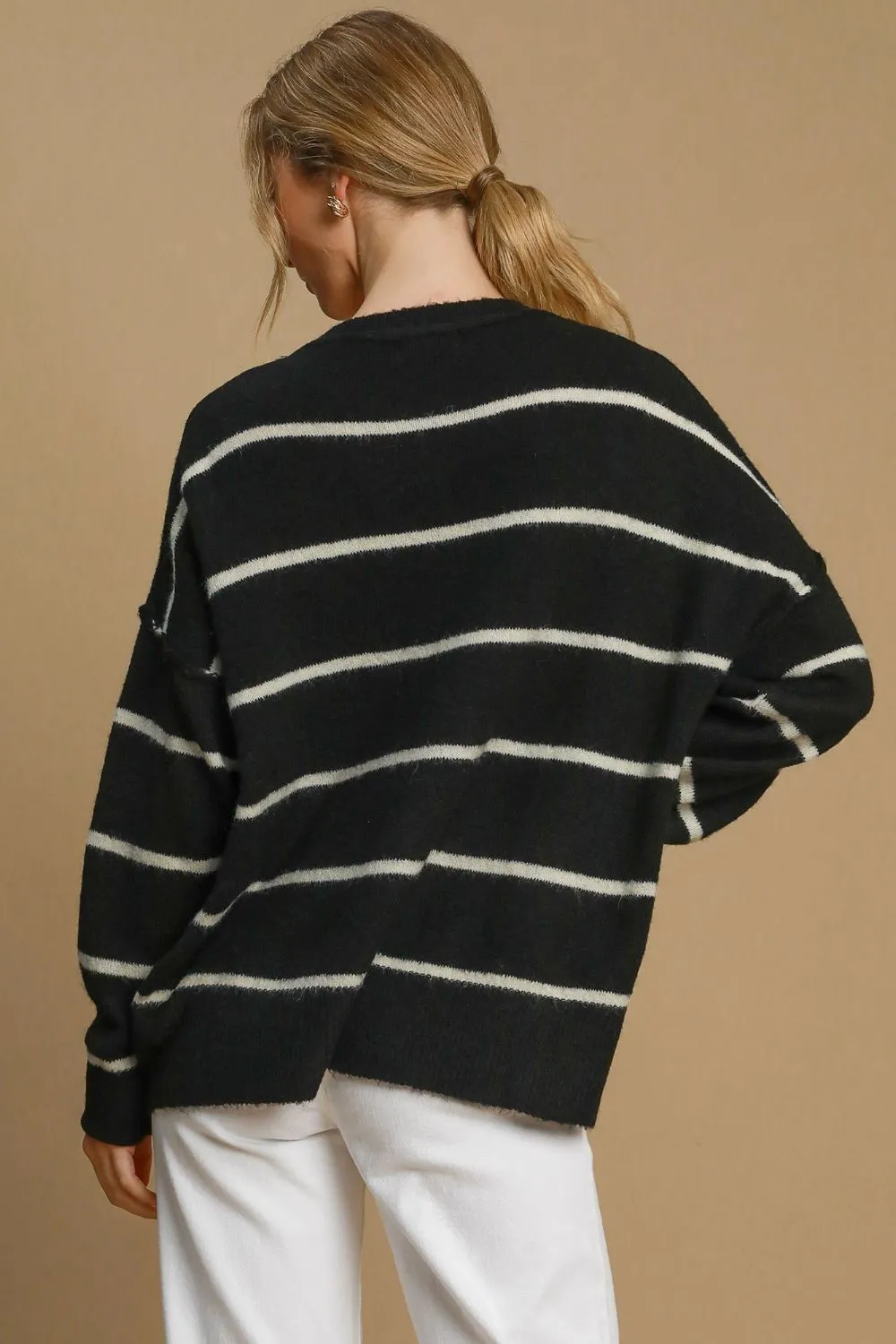 Umgee USA Wool Blend Sweater Striped Women Round Neck Long Sleeve