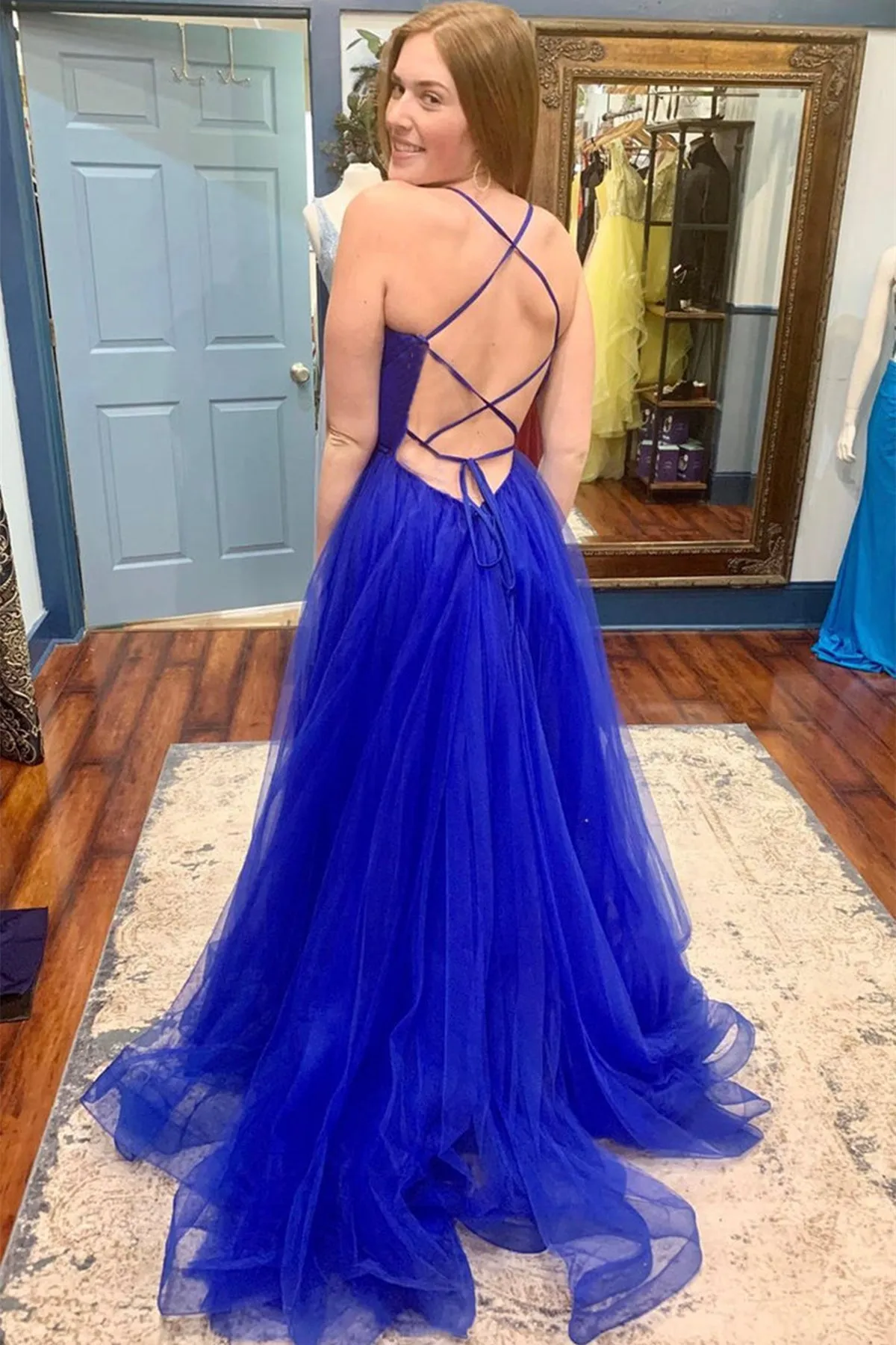 V Neck Backless Blue Tulle Long Prom Dress with High Slit, Backless Blue Formal Graduation Evening Dress A1457