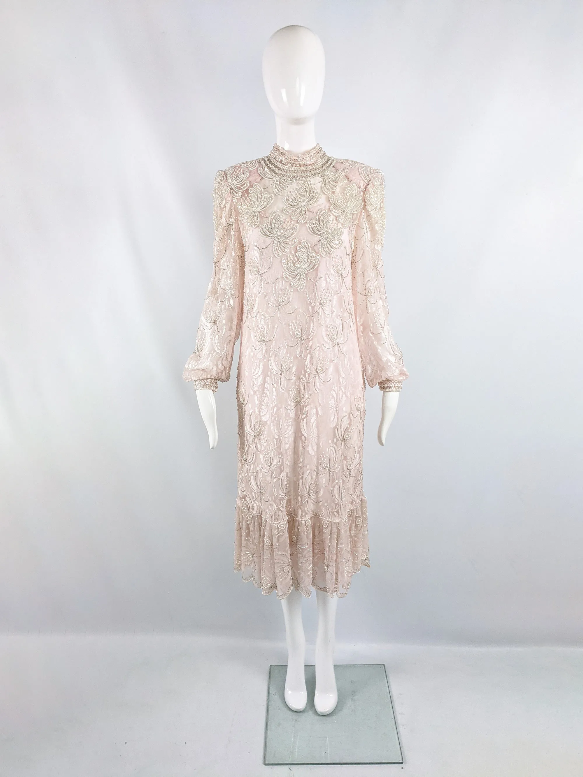 Vintage Sheer Pink Lace Faux Pearl Beaded Dress, 1980s