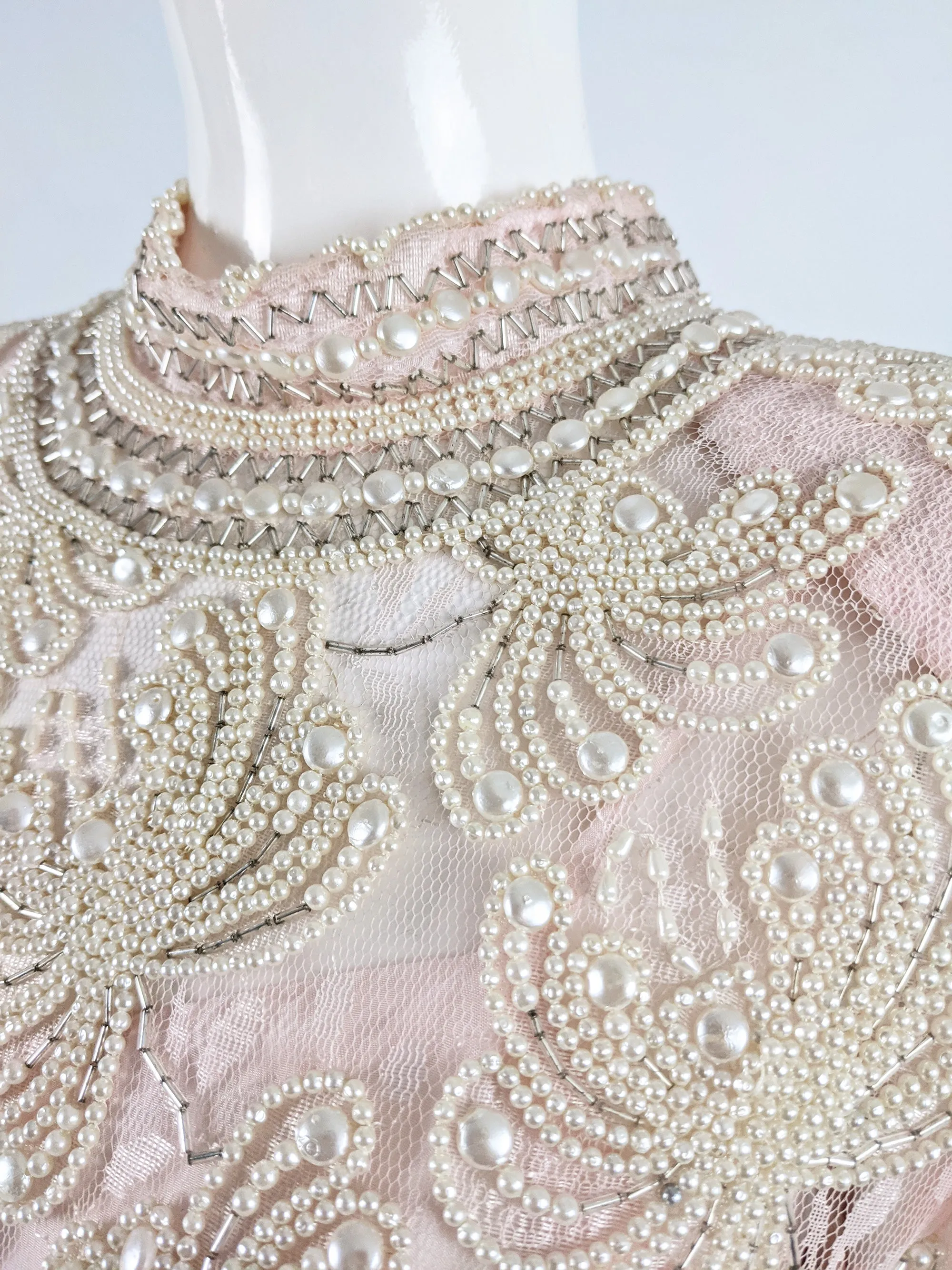 Vintage Sheer Pink Lace Faux Pearl Beaded Dress, 1980s