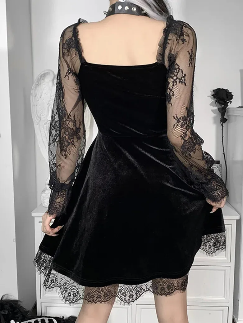 Women Long Sleeve Ruffle Lace Panel Sleeve Waist Dress