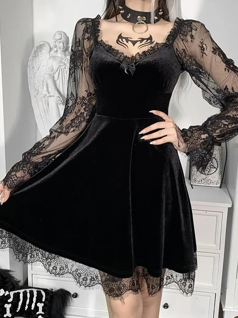 Women Long Sleeve Ruffle Lace Panel Sleeve Waist Dress