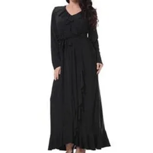 WOMEN PLUS SIZE V-NECK LONG SLIT GOWN MAXI DRESS BLACK - UWD382