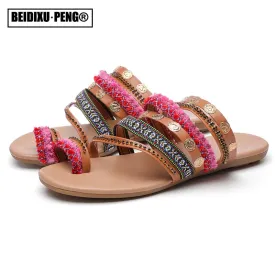 Women&#39;s Bohemian Sandals Summer Flats Female Casual Peep Toe Shoes Slip on Rhinestone Strappy Sandalias For Women