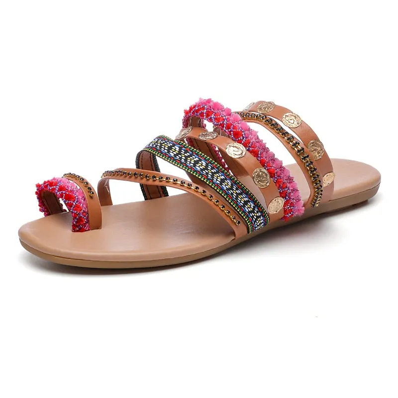 Women&#39;s Bohemian Sandals Summer Flats Female Casual Peep Toe Shoes Slip on Rhinestone Strappy Sandalias For Women