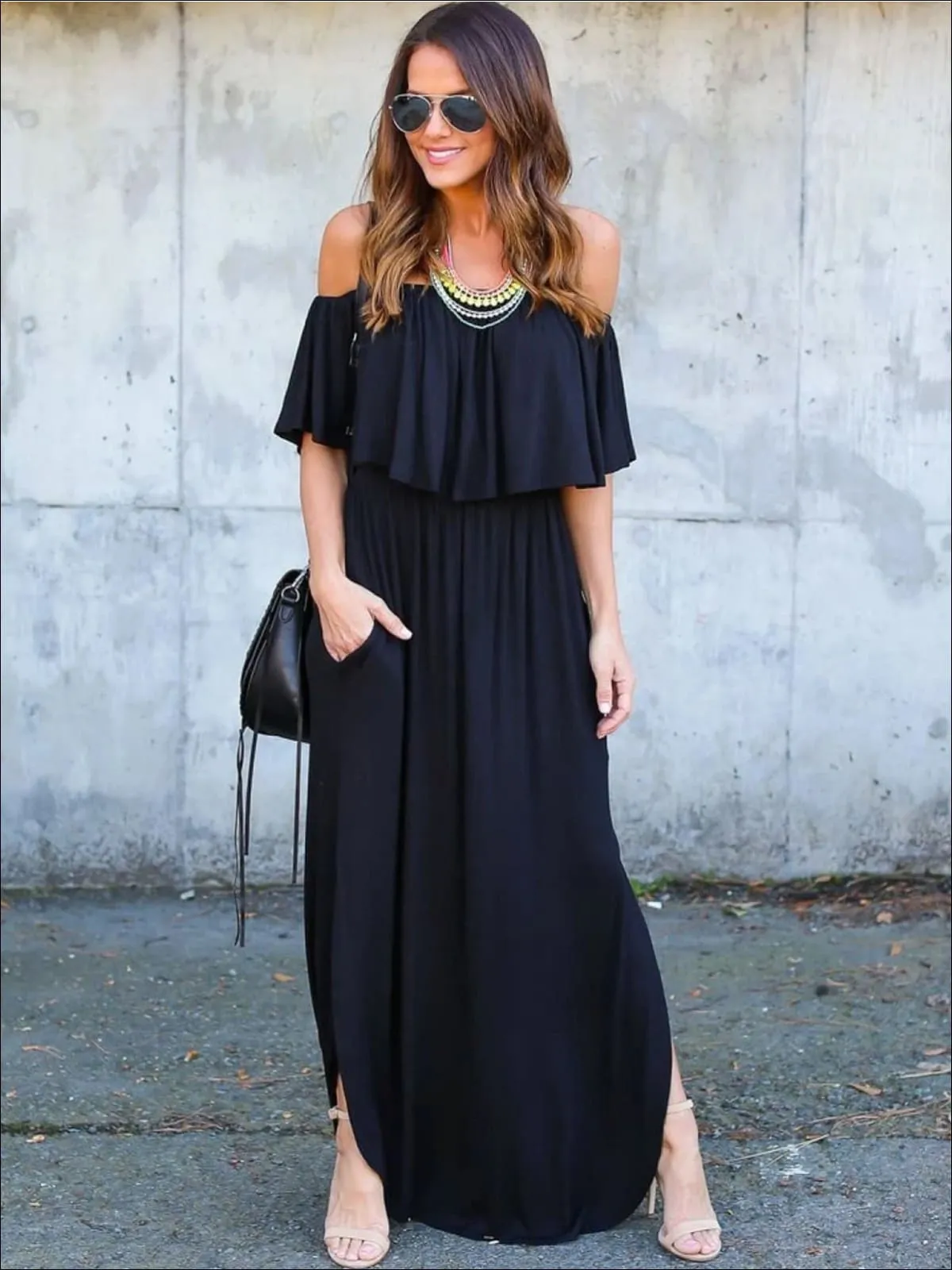 Women's Black Chiffon Off Shoulder Dress