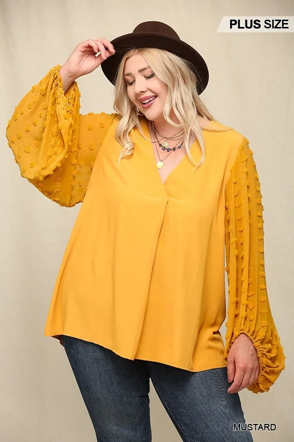 Women's Plus Woven And Textured Chiffon Top With Voluminous Sheer Sleeves