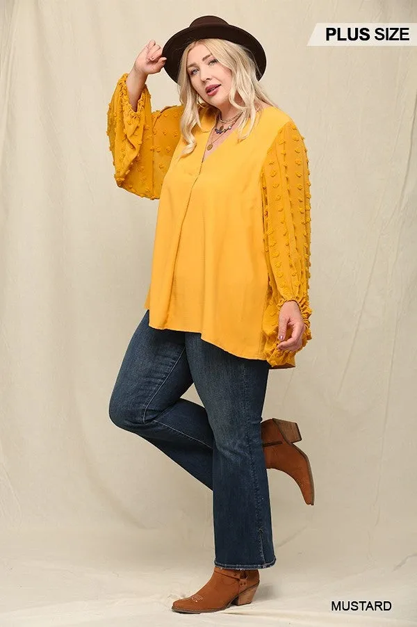 Women's Plus Woven And Textured Chiffon Top With Voluminous Sheer Sleeves