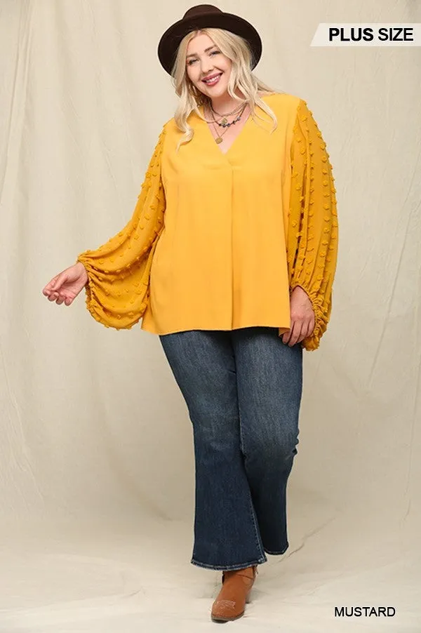 Women's Plus Woven And Textured Chiffon Top With Voluminous Sheer Sleeves