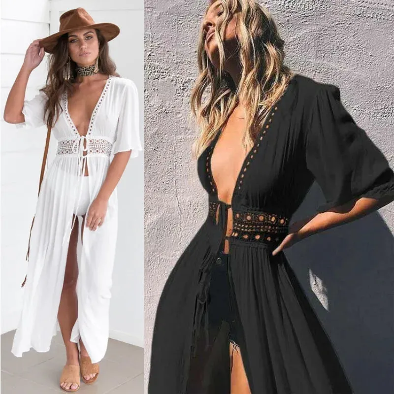 Women's Sexy Bikini Cover-ups Lace Long Cape Cardigan Coat Long Sleeve Crochet Tunic Hollow Out Casual Beach Swimsuit Cover Up