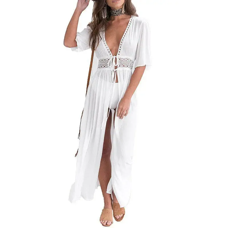 Women's Sexy Bikini Cover-ups Lace Long Cape Cardigan Coat Long Sleeve Crochet Tunic Hollow Out Casual Beach Swimsuit Cover Up